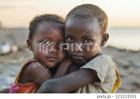Two african children hugging each other, showing poverty and humanitarian crisis 121213351
