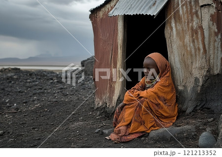Young african child sitting outside a makeshift home in a rural area 121213352