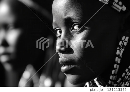 Portrait of young african girl wearing traditional clothing and jewelry 121213353