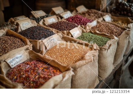 Various colorful spices and grains filling burlap sacks at market stall 121213354