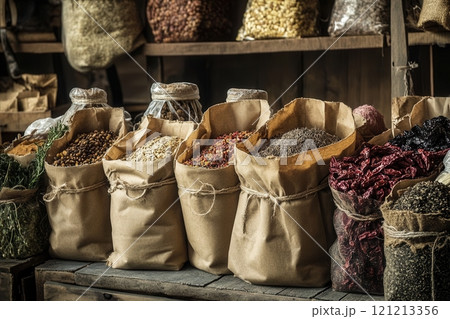 Various spices and herbs sold in paper bags in a traditional market 121213356