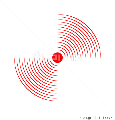 Pain localization icon. Red concentric semicircles. Sore, ache or inflammation symbol. Vibration sign. Shockwave, radar signal or sound wave pictogram isolated on white background 121213357