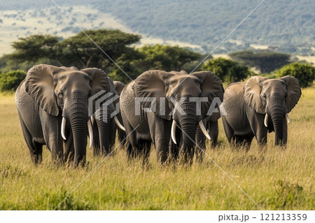 African elephants walking in the savannah grassland 121213359