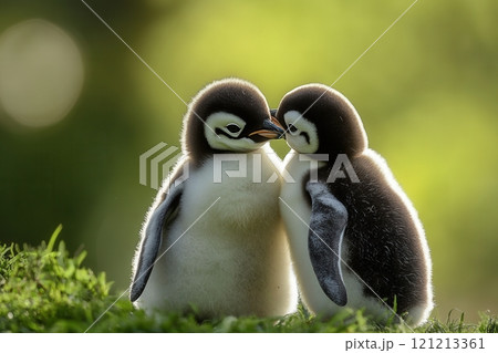 Two penguin chicks showing affection in nature 121213361