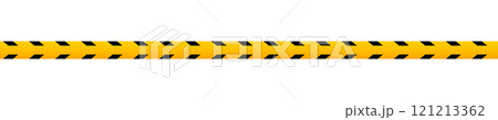 Caution tape with black and yellow print. Barricade in quarantine site, construction work area or crime scene. Police perimeter print. Restricted, warn or forbidden sign. Vector flat illustration 121213362