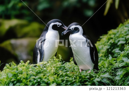 Two penguins showing affection in lush green habitat 121213363