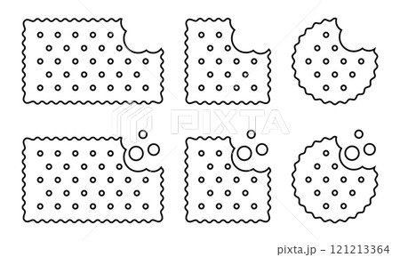 Set of bitten crackers with crumbs icons. Sweet or salty biscuit cookies in round, square and rectangle shapes. Children's crunchy snacks isolated on white background. Vector outline illustration 121213364