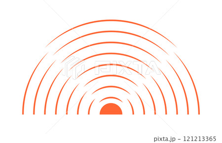Concentric orange semicircles. Sunburst, sunrise or sunset icon. Pain or ache localization sign. Shockwave, radiation or vibration symbol. Sound, radar or sonar wave pictogram. Vector illustration 121213365