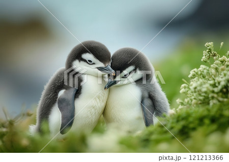 Two chinstrap penguin chicks showing affection in nature 121213366