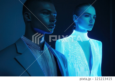 Futuristic fashion models wearing glowing clothes in cinematic lighting 121213415