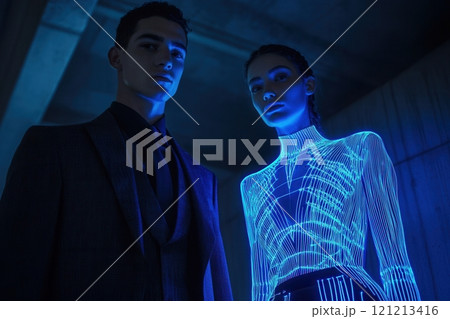 Fashion models embracing futuristic style with neon lights 121213416