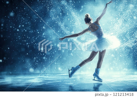 Professional ice skater performing gracefully in sparkling snowfall 121213418
