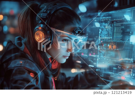 Software engineer working on futuristic computer wearing augmented reality glasses and headphones 121213419