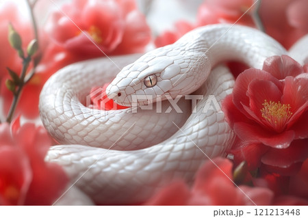White snake resting on red camellia flowers 121213448