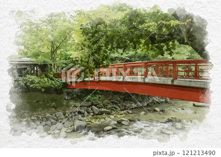水彩画風　伊豆修善寺　桂橋　静岡県伊豆市 121213490