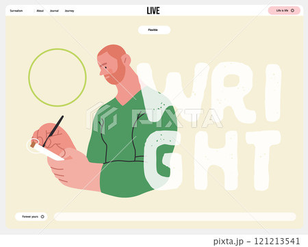 Writing people, modern flat vector concept illustration- standing man thoughtfully writing on notebook, bubble near head Metaphor for reflection, personal insight, contemplation, creative expression 121213541