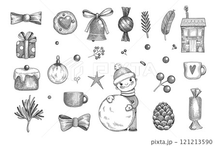 Christmas object set. Hand drawn vector illustration. Xmas collection. Holiday engraved holly, mistletoe, wreath, sock, stocking, gift, fir tree, pine cone, gingerbread man cookie, bell, bow 121213590