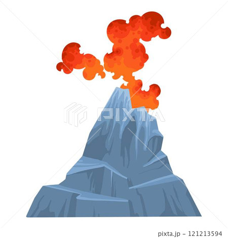 Volcano. Mountain eruption with fire lava explosion with smoke. Volcanic magma flow element for computer game landscape. Volcano vector isolated icon 121213594