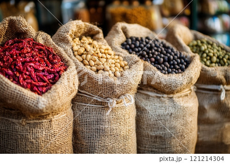 Burlap sacks overflowing with colorful spices and beans at market Burlap sacks overflowing with colorful spices and beans at market 121214304