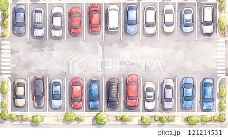 上空から見た駐車場の水彩イラスト 121214531