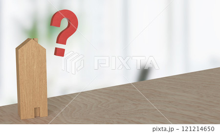 The wood  house and question mark for property concept 3d rendering. 121214650
