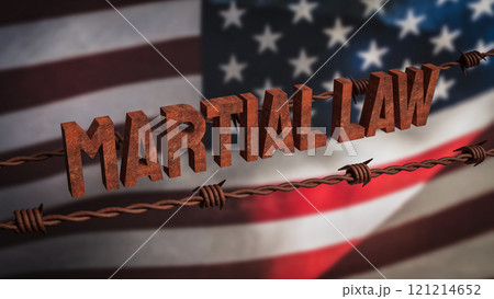 The  Martial law and barbed wire on USA flag for Background concept 3d rendering. 121214652