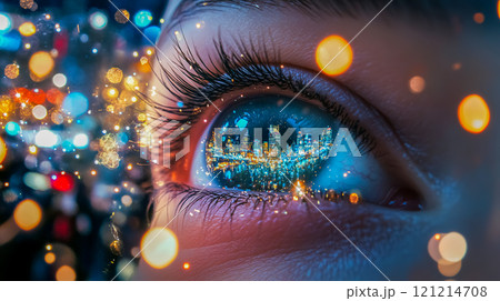 女性の瞳に映るクリスマスイルミネーション 女性の瞳に映るクリスマスイルミネーション 121214708