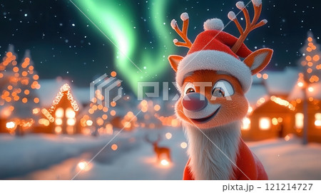 Smiling christmas reindeer wearing santa hat in snowy village under northern lights Smiling christmas reindeer wearing santa hat in snowy village under northern lights 121214727