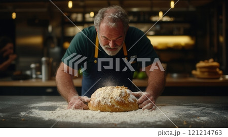 Baker kneading and preparing freshly baked bread in flour covered table 121214763