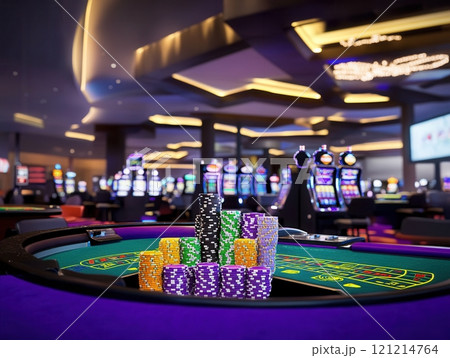 Casino gambling table with stacks of poker chips and slot machines in background 121214764