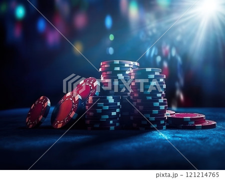 Poker chips stacked high on casino table with blurred background 121214765