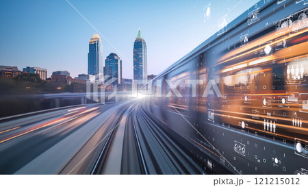 光り輝くデジタル都市の風景を駆け抜ける現代列車、未来の都市交通シーン 121215012