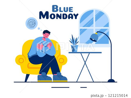 Blue Monday Illustration Depicting Sadness and Mental Health Influenced by Weather and certain circumstances in a Flat Style Cartoon Background 121215014