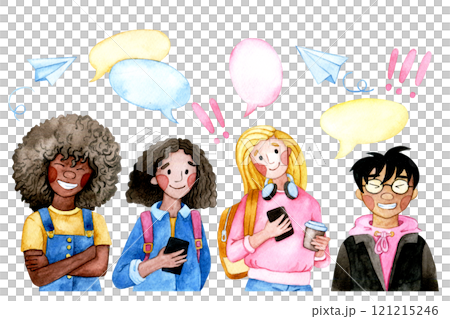 set of student characters of different genders and nationalities. watercolor illustration set of student characters of different genders and nationalities. watercolor illustration 121215246