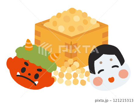 節分の豆と赤鬼とおかめのイラスト 121215313