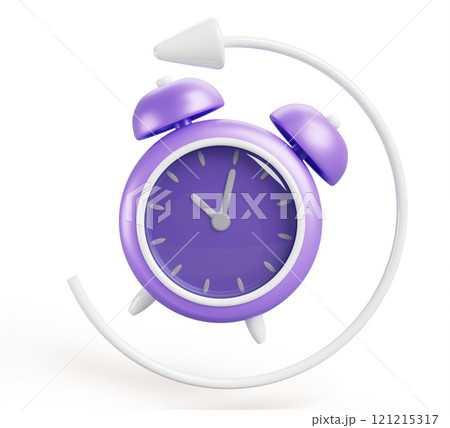3d alarm clock with circle arrow speed. Vintage purple watch countdown hours and minutes. Fast delivery service, deadline or time management concept, isolated cartoon render icon. 3D illustration 121215317