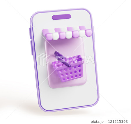 3d online shopping, mobile phone with basket and awning on screen. Order, payment in online shop app with delivery from retail store, supermarket, market, isolated cartoon render icon. 3D illustration 121215398