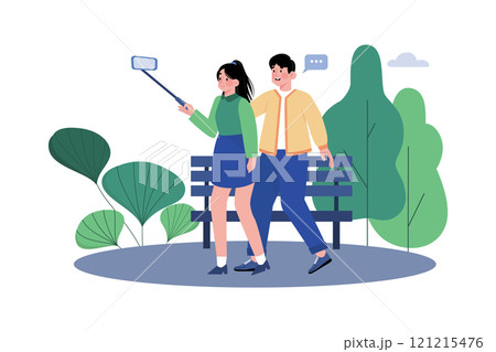 Couple snaps photos at tourist spots. 121215476