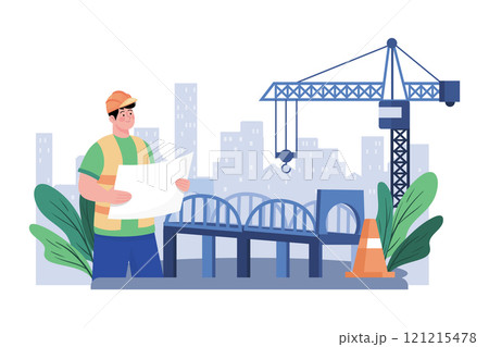 Contractor oversees bridge construction over river. 121215478