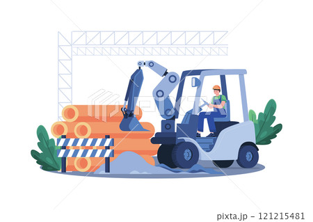 Construction worker clears site with heavy machinery. Construction worker clears site with heavy machinery. 121215481