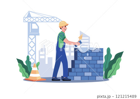 Construction worker lays bricks for sturdy wall. 121215489