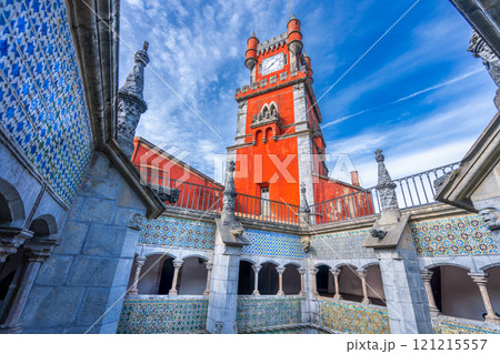 Colorful Courtyard and Clock Tower of Pena Palace, Portugal. Colorful Courtyard and Clock Tower of Pena Palace, Portugal. 121215557