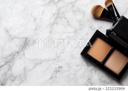 Elegant Arrangement of Cosmetic Beauty Products on a Marble Background with Blank Space for Your Creative Marketing Needs 121215904