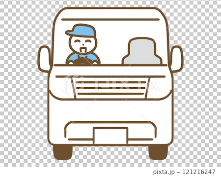 圖：一位面帶微笑的男工人駕駛著一輛白色汽車（正面） 121216247