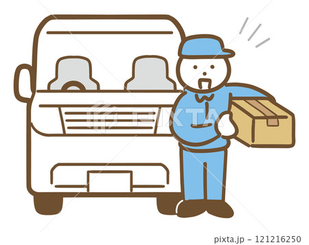 荷物を持った笑顔の男性配達員と白い車のイラスト(全身) 121216250