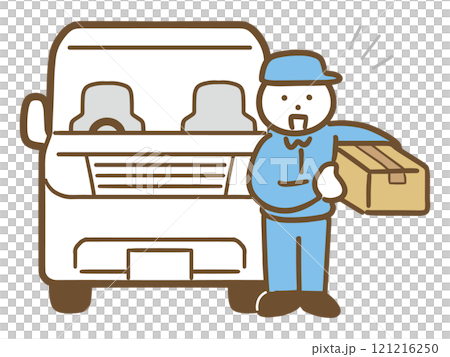 荷物を持った笑顔の男性配達員と白い車のイラスト(全身) 121216250