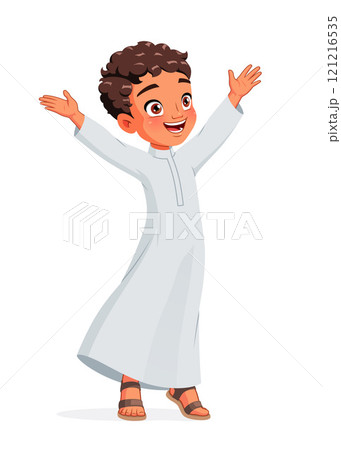 Happy little Arab boy in traditional clothes with his arms raised. Cartoon vector illustration. Happy little Arab boy in traditional clothes with his arms raised. Cartoon vector illustration. 121216535