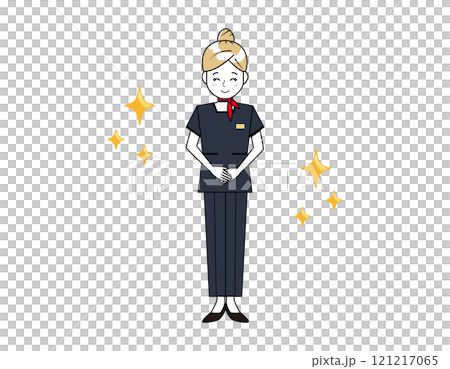 一位穿著褲子風格為顧客服務的女性美容諮詢人員的插圖 121217065