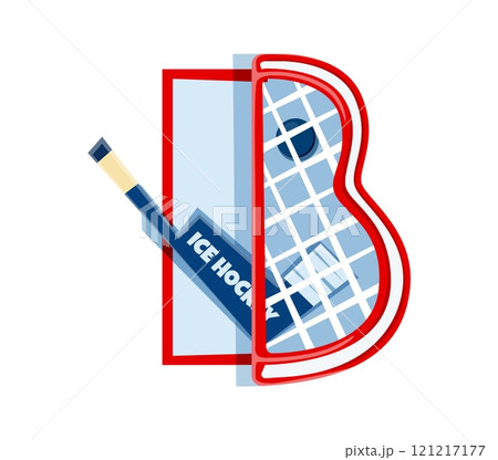 Cartoon letter b incorporating ice hockey stick, puck and net for fun kids learning and education. Vector sport font, typeface, funny type, English alphabet. Playful typography character for children 121217177
