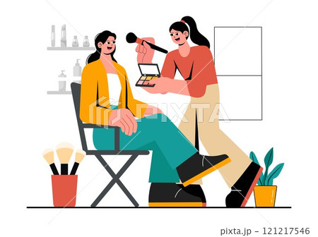 Makeup Artist Vector Illustration featuring a Professional Makeover Session with Clients Undergoing Beauty Procedures in a Flat Style Background 121217546